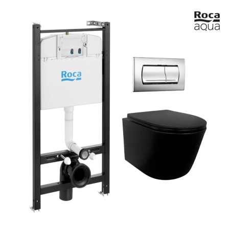 BASTIDOR ROCA ACTIVE PACK CISTERNA EMPOTRADA Y PULSADOR CROMO BR CON INODORO SUSPENDIDO RIMLESS MIRAGE NEGRO MATE 48CM