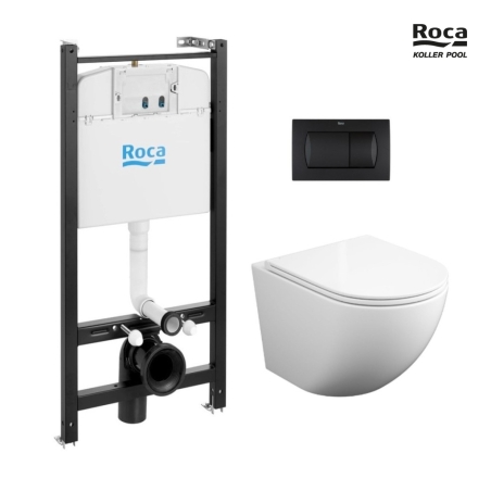 BASTIDOR ROCA ACTIVE PACK CISTERNA EMPOTRADA Y PULSADOR NEGRO MAT CON INODORO SUSPENDIDO ROUND SMART 52 cm TOR 3 ASIENTO FINO