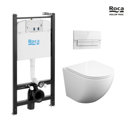BASTIDOR ROCA ACTIVE PACK CISTERNA EMPOTRADA Y PULSADOR BLANCO NEW CON INODORO SUSPENDIDO ROUND SMART 52 cm TOR 3 ASIENTO FINO