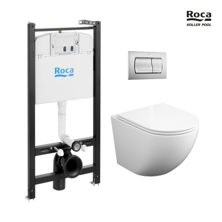 BASTIDOR ROCA ACTIVE PACK CISTERNA EMPOTRADA Y PULSADOR CROMO CON INODORO SUSPENDIDO ROUND SMART 52 cm TOR 3 CON ASIENTO FINO