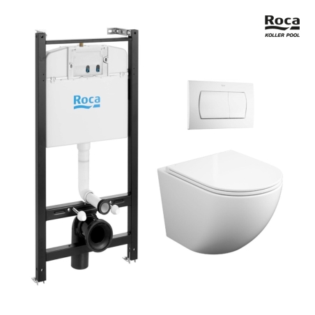 BASTIDOR ROCA ACTIVE PACK CISTERNA EMPOTRADA Y PULSADOR BLANCO BR CON INODORO SUSP ROUND SMART 52 cm TOR 3 CON ASIENTO FINO