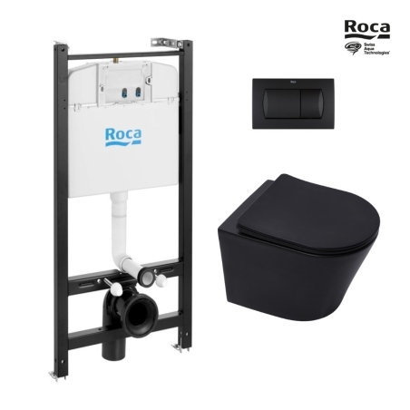BASTIDOR ROCA ACTIVE PACK CISTERNA EMPOTRADA Y PULSADOR NEGRO MAT CON INODORO SUSPENDIDO RIM-EX INFINITIO NEGRO MATE 48cm DE SAT