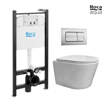 BASTIDOR ROCA ACTIVE PACK CISTERNA EMPOTRADA Y PULSADOR CROMO MAT CON INODORO SUSPENDIDO RIMLESS OASIS BLANCO BRILLO 48CM