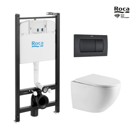 BASTIDOR ROCA ACTIVE CON CISTERNA EMPOTRADA, PULSADOR NEGRO MATE, INODORO SUSPENDIDO TORNADO 67 SISTEMA VORTEX BLANCO DE SAT