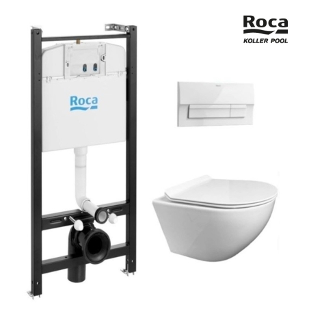 BASTIDOR ROCA ACTIVE CISTERNA EMPOTRADA Y PULSADOR BLANCO BRILLO NEW CON WC SUSPENDIDO ROUND SMART TORNADO 3.0 TAPA FINA