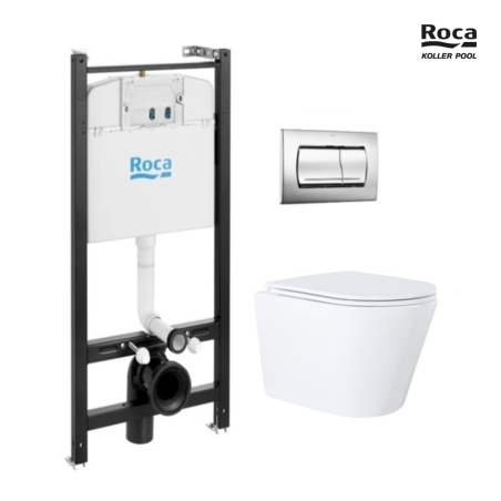 BASTIDOR ROCA ACTIVE CON CISTERNA EMPOTRADA Y PULSADOR PVC cromo brillo y WC susp. Orion blanco Tapa Fina 51,5 cm VORTEX KP
