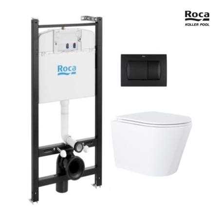 BASTIDOR ROCA ACTIVE CON CISTERNA EMPOTRADA Y PULSADOR NEGRO MATE y WC susp. Orion blanco Tapa fina 51,5 cm VORTEX KP