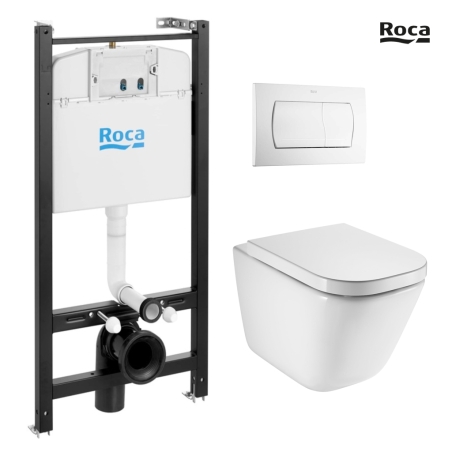 BASTIDOR ROCA ACTIVE PACK CISTERNA EMPOTRADA Y PULSADOR BLANCO BR CON INODORO SUSPENDIDO ROCA THE GAP CON SISTEMA RIMLESS