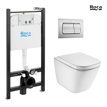 BASTIDOR ROCA ACTIVE PACK CISTERNA EMPOTRADA Y PULSADOR CROMO MAT CON INODORO SUSPENDIDO ROCA THE GAP CON SISTEMA RIMLESS