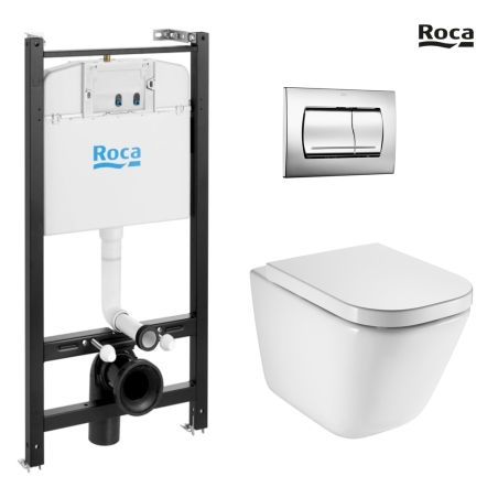BASTIDOR ROCA ACTIVE PACK CISTERNA EMPOTRADA Y PULSADOR CROMO BR CON INODORO SUSPENDIDO ROCA THE GAP CON SISTEMA RIMLESS