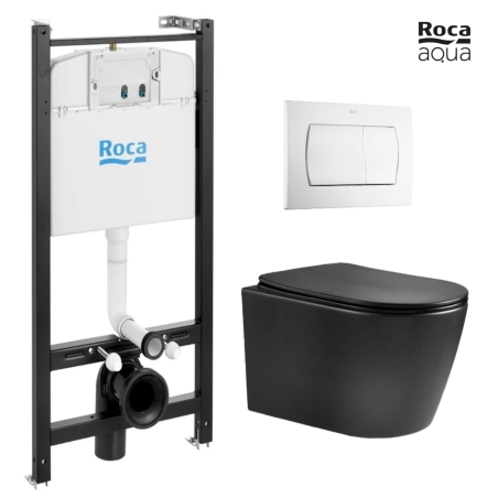 BASTIDOR ROCA ACTIVE PACK CISTERNA EMPOTRADA Y PULSADOR BLANCO BR CON INODORO SUSPENDIDO NEBULA BLACK MATE RIMLESS