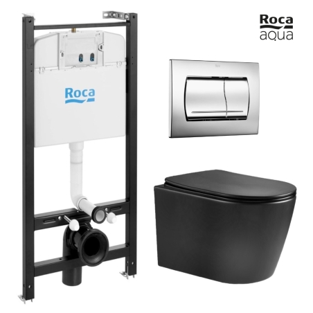 BASTIDOR ROCA ACTIVE PACK CISTERNA EMPOTRADA Y PULSADOR CROMO BRILLO CON INODORO SUSPENDIDO NEBULA BLACK MATE RIMLESS