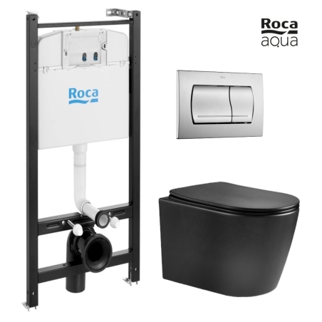 BASTIDOR ROCA ACTIVE PACK CISTERNA EMPOTRADA Y PULSADOR CROMO MAT CON INODORO SUSPENDIDO NEBULA BLACK MATE RIMLESS