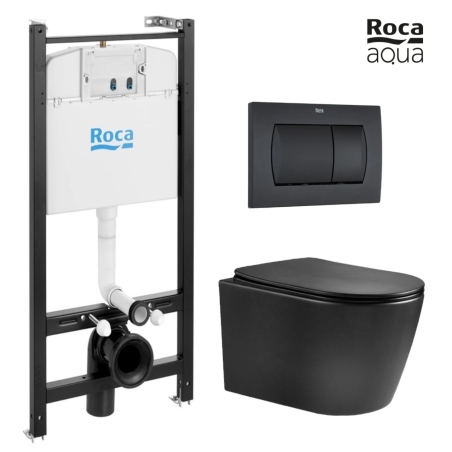 BASTIDOR ROCA ACTIVE PACK CISTERNA EMPOTRADA Y PULSADOR NEGRO MAT CON INODORO SUSPENDIDO NEBULA BLACK MATE RIMLESS