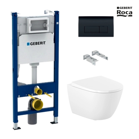 Bastidor GEBERIT Duofix pack cisterna empotrada y pulsador DELTA 50 Negro BR con inodoro suspendido Rim-ex ROCA ONA blanco