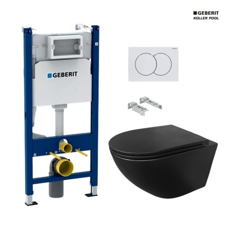 Bastidor GEBERIT Duofix pack cisterna empotrada y pulsador DELTA 01 bl br con WC suspendido KP ROUND SMART NEGRO Tornado 3.0