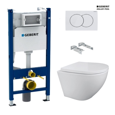 Bastidor GEBERIT Duofix pack cisterna empotrada y pulsador DELTA 01 bl br con WC suspendido KP ROUND SMART Blanco Tornado 3.0