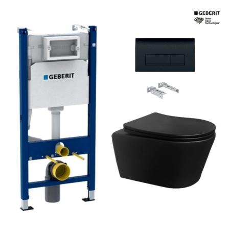 Bastidor GEBERIT Duofix pack cisterna empotrada y pulsador DELTA 50 Negro con inodoro suspendido Rim-ex Brevis Negro de SAT
