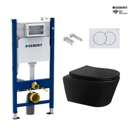 Bastidor GEBERIT Duofix pack cisterna empotrada y pulsador DELTA 01 bl con inodoro suspendido Rim-ex Brevis Negro de SAT