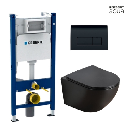 BASTIDOR GEBERIT DUOFIX PACK CISTERNA EMPOTRADA Y PULSADOR NEGRO BR DELTA 50 CON INODORO SUSPENDIDO KALIOPA NEGRO MAT 49cm AQUA