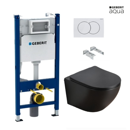 BASTIDOR GEBERIT DUOFIX PACK CISTERNA EMPOTRADA Y PULSADOR BLANCO BR DELTA 01 CON INODORO SUSPENDIDO KALIOPA NEGRO MAT 49cm AQUA
