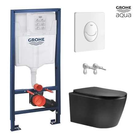 BASTIDOR GROHE PACK CISTERNA EMPOTRADA Y PULSADOR SKATE AIR BLANCO BRILLO CON INODORO SUSPENDIDO NEBULA BLACK MATE RIMLESS