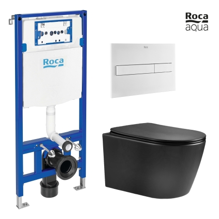 BASTIDOR ROCA DUPLO CON CISTERNA EMPOTRADA Y PULSADOR PL7 BLANCO MATE CON INODORO SUSPENDIDO NEBULA BLACK MATE RIMLESS
