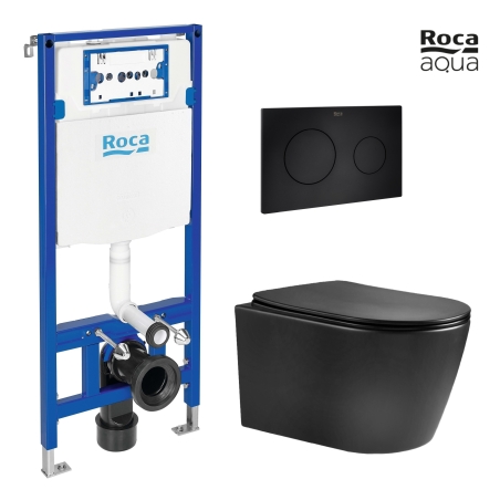 BASTIDOR ROCA DUPLO CON CISTERNA EMPOTRADA Y PULSADOR PL10 NEGRO MATE CON INODORO SUSPENDIDO NEBULA BLACK MATE RIMLESS