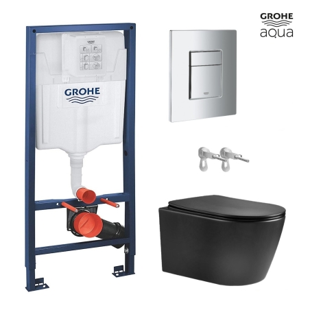 BASTIDOR GROHE CON CISTERNA EMPOTRADA, PULSADOR CROMO BRILLO CON INODORO SUSPENDIDO NEBULA BLACK MATE RIMLESS