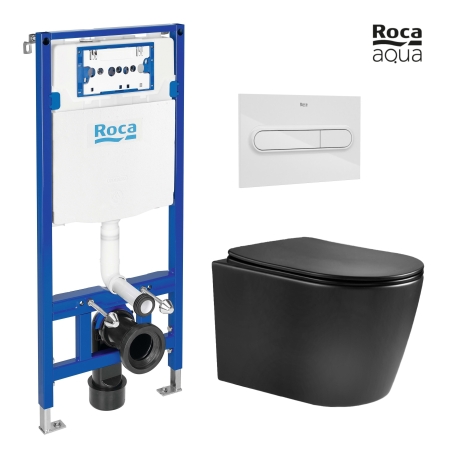 BASTIDOR ROCA DUPLO PACK CISTERNA EMPOTRADA Y PULSADOR PL1 BLANCO BR CON INODORO SUSPENDIDO NEBULA BLACK MATE RIMLESS