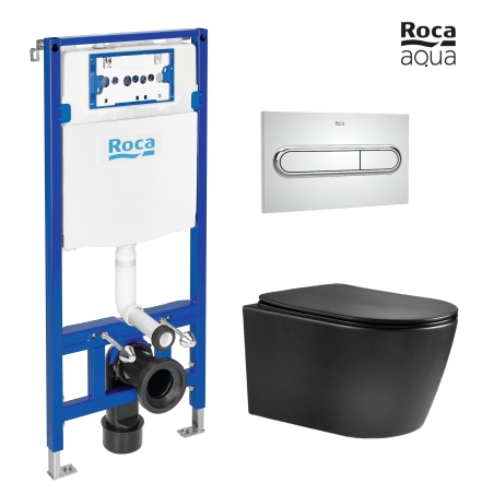BASTIDOR ROCA DUPLO CON CISTERNA EMPOTRADA Y PULSADOR PL1 CROMO BR CON INODORO SUSPENDIDO NEBULA BLACK MATE RIMLESS