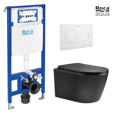 BASTIDOR ROCA DUPLO CON CISTERNA EMPOTRADA Y PULSADOR PL10 BLANCO MATE CON INODORO SUSPENDIDO NEBULA BLACK MATE RIMLESS