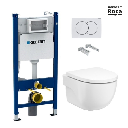Bastidor GEBERIT Duofix pack cisterna empotrada y pulsador DELTA 01 blanco brillo con inodoro suspendido Meridian de Roca