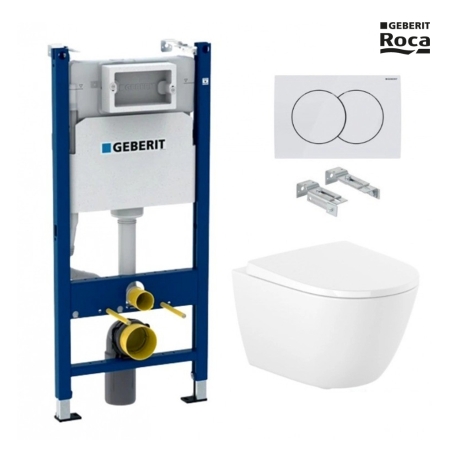 Bastidor GEBERIT Duofix pack cisterna empotrada y pulsador DELTA 01 blan br con inodoro suspendido Rim-ex ROCA ONA blanco