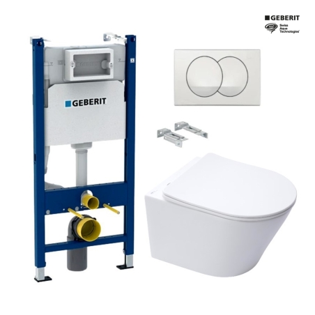 Bastidor GEBERIT Duofix pack cisterna empotrada y pulsador DELTA ZERO blanco con inodoro suspendido Rim-ex Infinitio blanco SAT