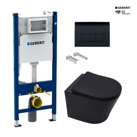 Bastidor GEBERIT Duofix pack cisterna empotrada y pulsador DELTA 50 negro con WC suspendido Rim-ex Infinitio negro mate 48cm SAT