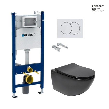 Bastidor GEBERIT Duofix pack cisterna empotrada y pulsador DELTA01 blanco con inodoro suspendido Rim-ex Infinitio negro mate SAT