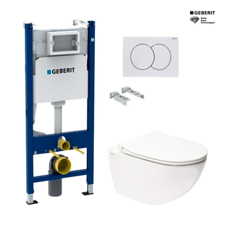 Bastidor GEBERIT Duofix pack cisterna empotrada y pulsador DELTA 01 blanco con inodoro suspendido Rim-ex Infinitio blanco br SAT