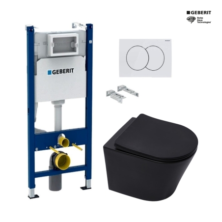 Bastidor GEBERIT Duofix pack cisterna empotrada y pulsador DELTA 01 blanco con inodoro suspendido Rim-ex Infinitio negr mat SAT