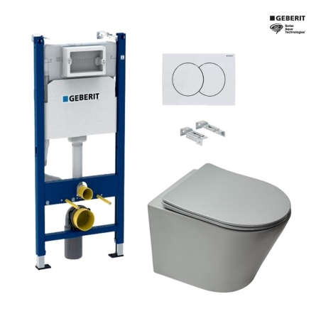 Bastidor GEBERIT Duofix pack cisterna empotrada y pulsador DELTA 01 blanco con inodoro suspendido Rim-ex Infinitio gris mate SAT