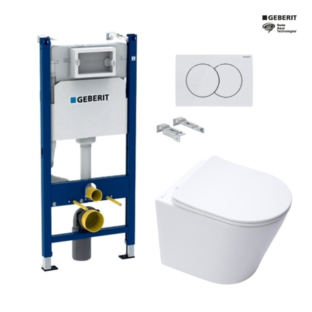Bastidor GEBERIT Duofix pack cisterna empotrada y pulsador DELTA 01 blanco con inodoro suspendido Rim-ex Infinitio bl mate SAT
