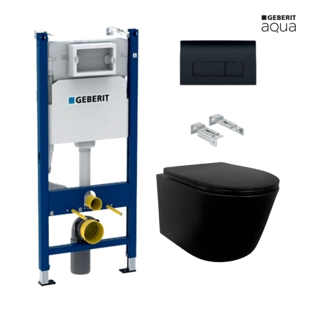 BASTIDOR GEBERIT PACK CISTERNA EMPOTRADA Y PULSADOR DELTA 50 NEGRO BR CON INODORO SUSPENDIDO RIMLESS MIRAGE NEGRO MATE 48CM