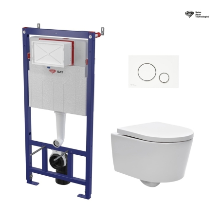 Bastidor SAT cisterna empotrada con pulsador blanco brillo y aros cromo brillo e inodoro suspendido Rim-ex Brevis blanco br