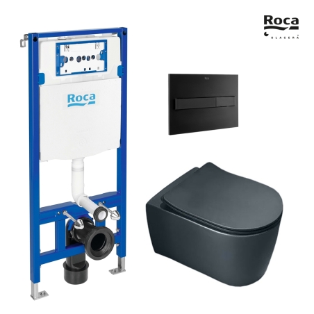 BASTIDOR ROCA DUPLO ONE PACK CISTERNA EMPOTRADA Y PULSADOR PL7 NEGRO MAT CON INODORO SUSPENDIDO Rim-ex Alfa Glacera negro mate