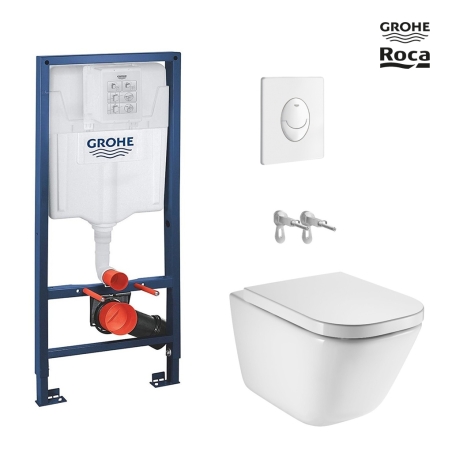 BASTIDOR GROHE PACK CISTERNA EMPOTRADA Y PULSADOR SKATE AIR BLANCO BRILLO CON INODORO SUSP ROCA THE GAP CON SISTEMA RIMLESS