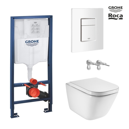 BASTIDOR GROHE PACK CISTERNA EMPOTRADA Y PULSADOR SKATE COSMO BLANCO BRILLO CON INODORO SUSP ROCA THE GAP CON SISTEMA RIMLESS