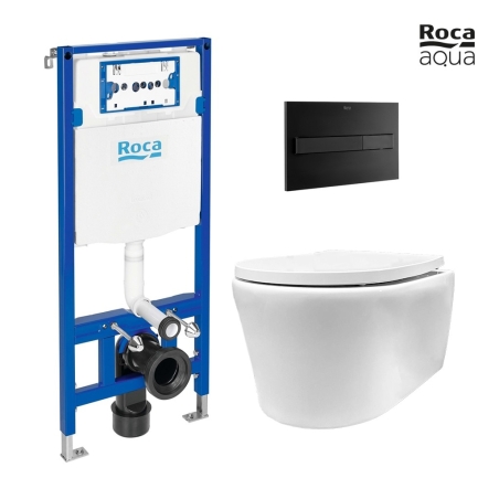 BASTIDOR ROCA DUPLO CISTERNA EMPOTRADA Y PULSADOR PL7 DUAL NEGRO MATE CON INODORO SUSPENDIDO Rim-ex Lia blanco br AQUA