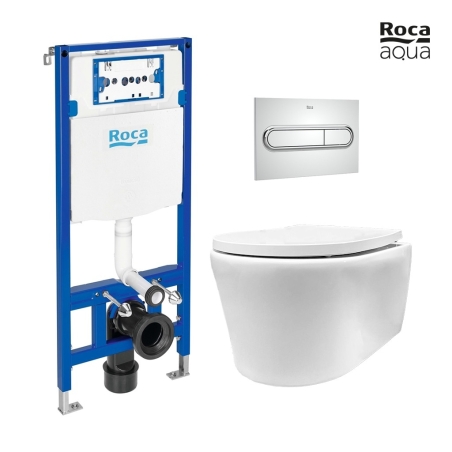 BASTIDOR ROCA DUPLO CISTERNA EMPOTRADA Y PULSADOR PL1 DUAL CROMO BR CON INODORO SUSPENDIDO Rim-ex Lia blanco br AQUA