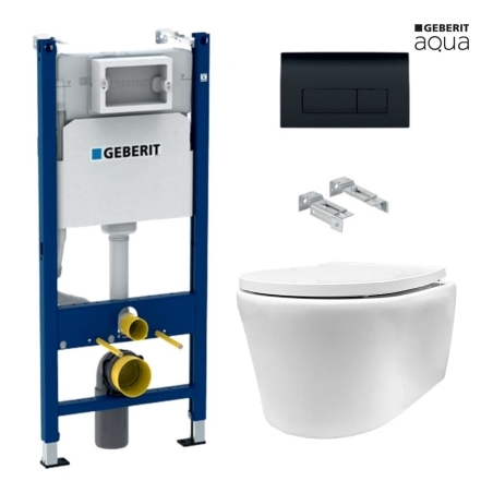 BASTIDOR GEBERIT DUOFIX CISTERNA EMPOTRADA Y PULSADOR DELTA 50 NEGRO BR CON INODORO SUSPENDIDO Rim-ex Lia blanco br AQUA