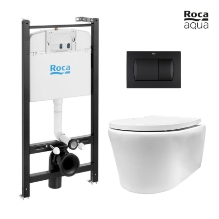 BASTIDOR ROCA ACTIVE PACK CISTERNA EMPOTRADA Y PULSADOR NEGRO MATE CON INODORO SUSPENDIDO Rimless Lia blanco br AQUA